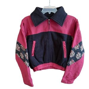 NWT Rhea Pink and Black Floral Fleecy Cropped Jacket Polyacrylic Size Large